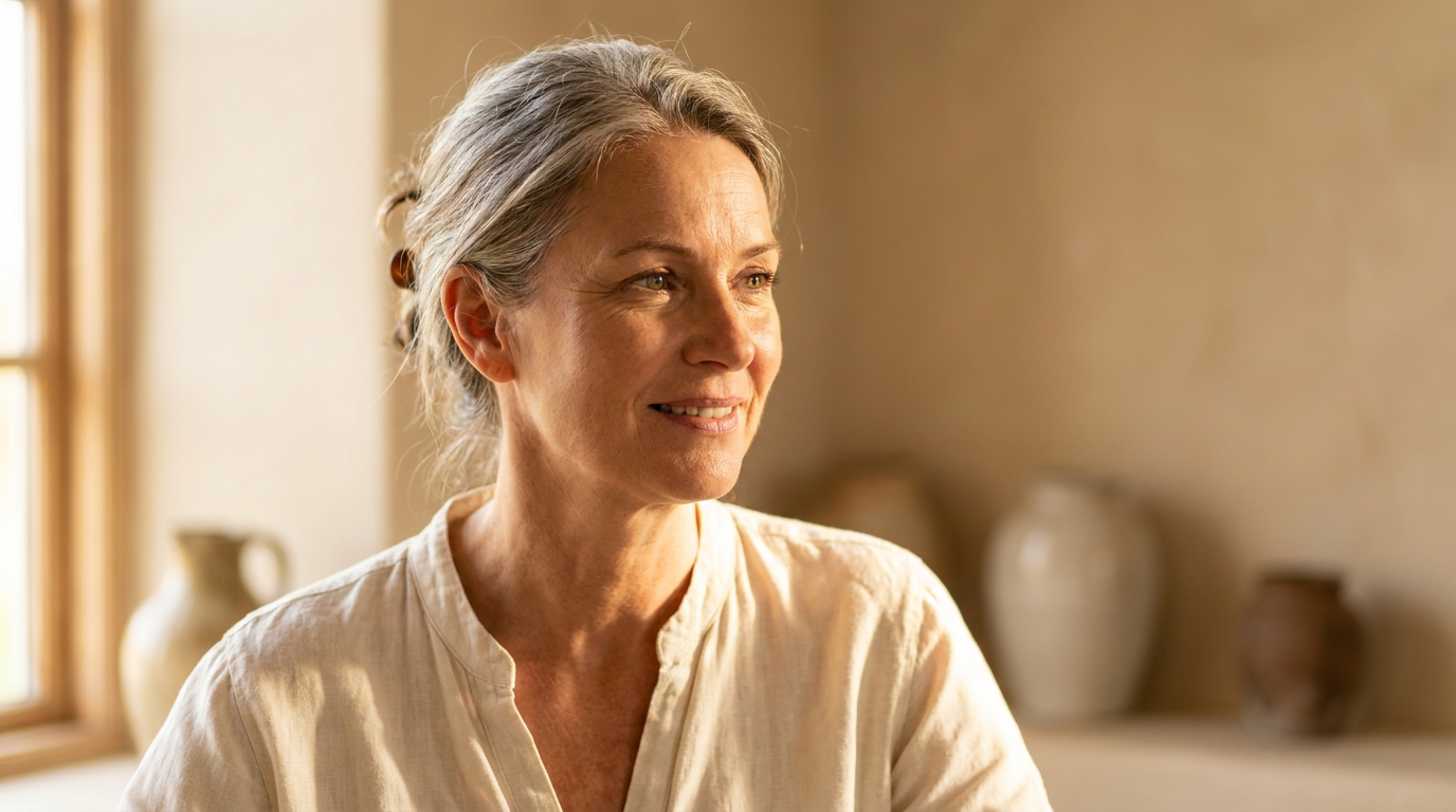 Femme 50+ sereine, lumière naturelle, portrait doux