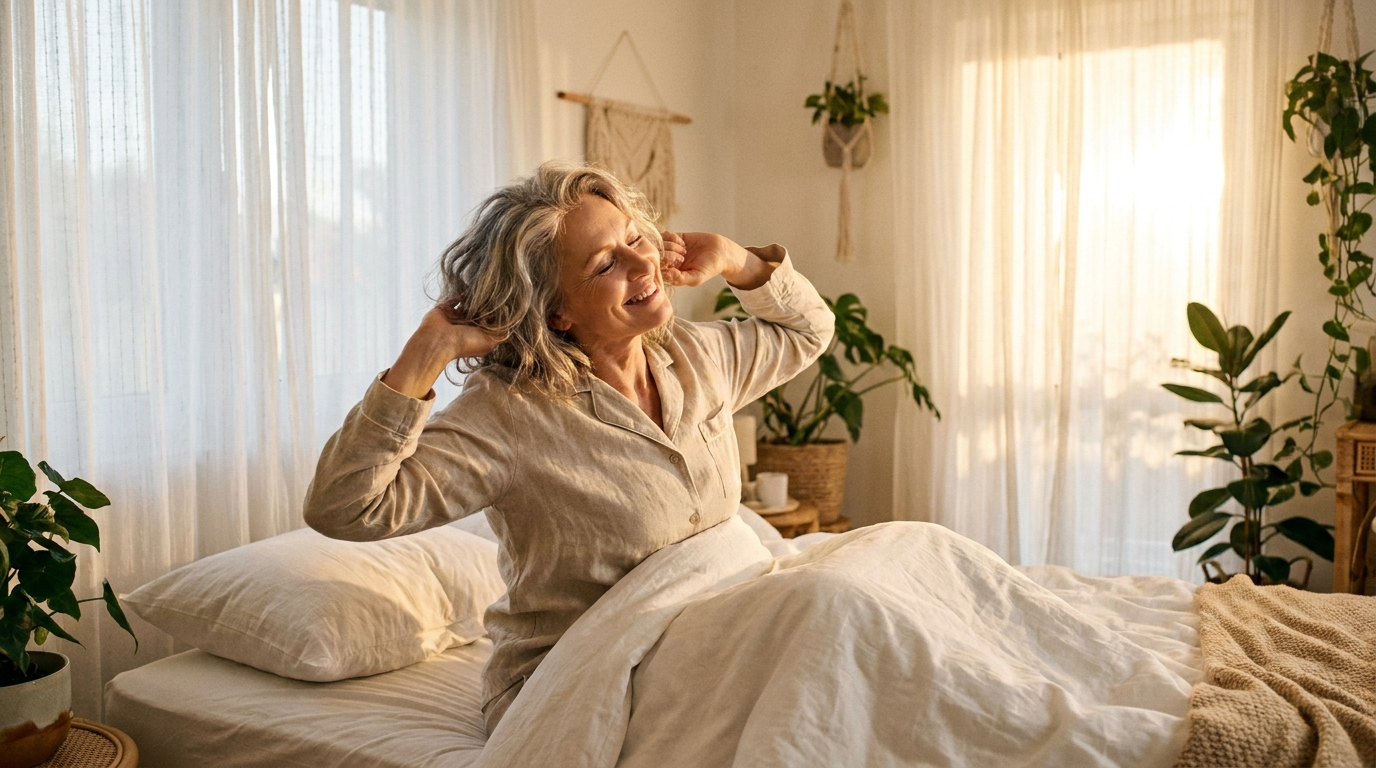 Femme souriante qui s'étire dans son lit le matin, lumière dorée